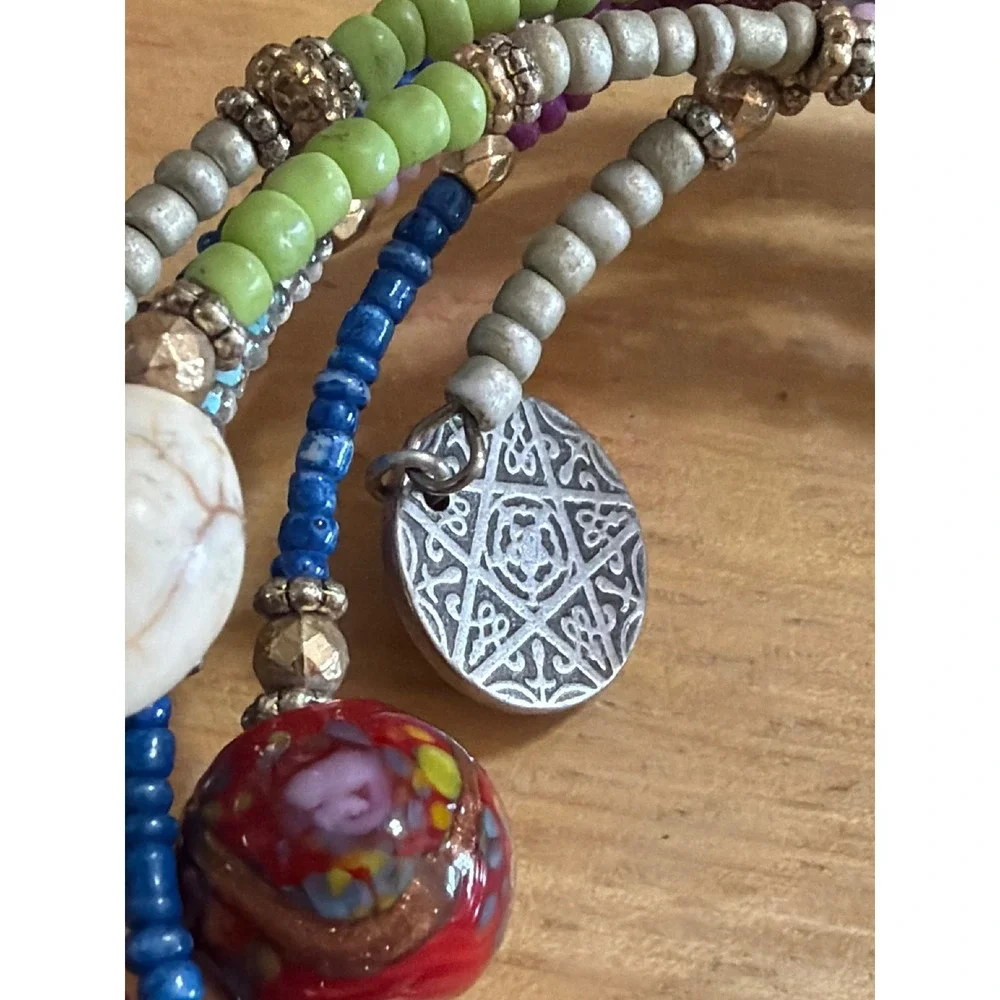 Boho Multi Strand Beaded Wrap Bracelet  Coin Charms Rainbow Eclectic Stack
